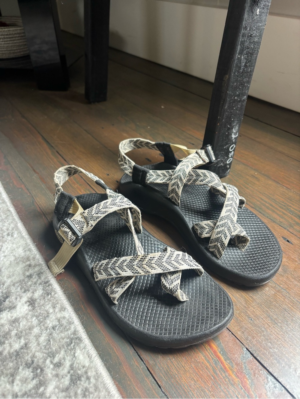 Chaco Black Sandals with Cream Patterned Straps